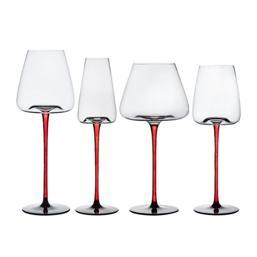 Vesselia Hand Blown Crystal Wine & Champagne Glass with Red Stem and Black Base
