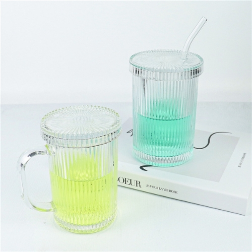 Vesselia Home Kitchen Modern Ribbed Coffee Water Drinking Glass Mug With Lid