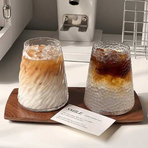 Fuji Mountain Ribbed Glass Coffee Cup | INS Style Iced Latte & Americano Drinking Glass