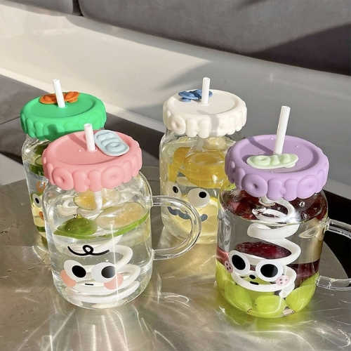 Cute High Borosilicate Glass Water Bottle with Straw | Large Capacity Heat Resistant Office Cup with