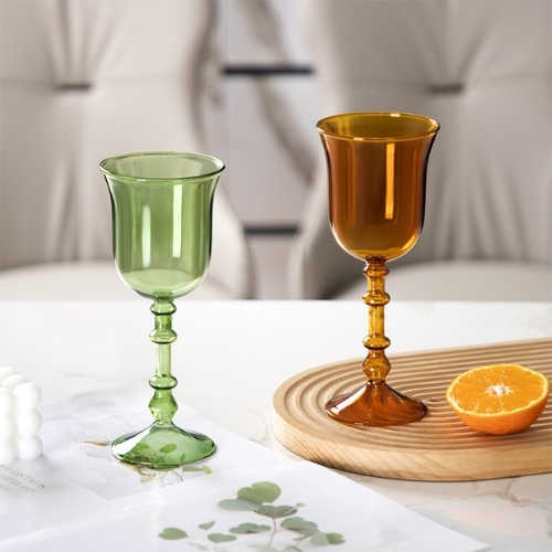 French style colored glass wine goblet with Roman column stem design French style colored glass wine goblet with Roman column stem design
