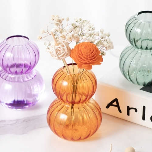 Nordic style ribbed glass vase round gourd shape clear transparent design front view