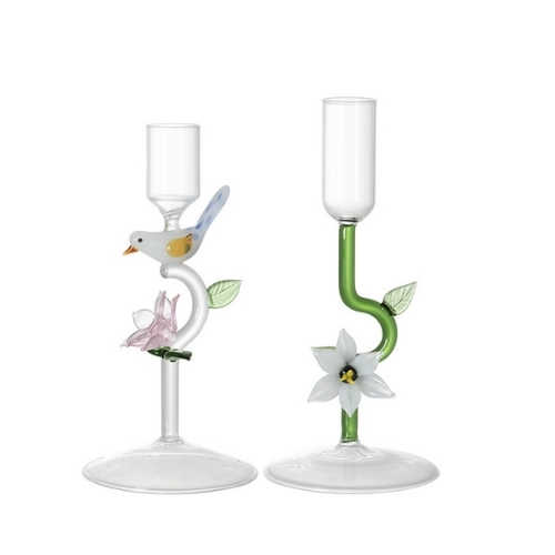Luxury Pink Bird & Floral Glass Candle Holder | High Borosilicate Glass Romantic Candle Stand