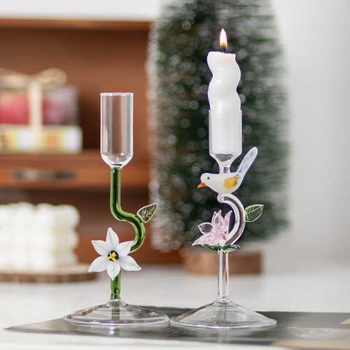 Luxury pink floral bird glass candle holder high borosilicate front view