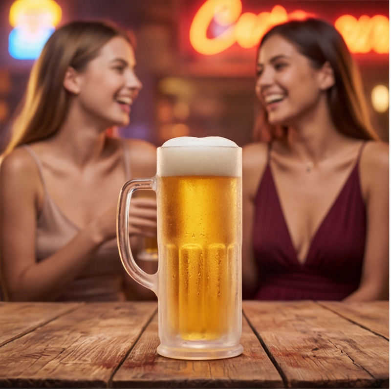 Machine-Made-Thick-Wall-Clear-Glass-Beer-Mug-with-Handle-on-Bar-Counter