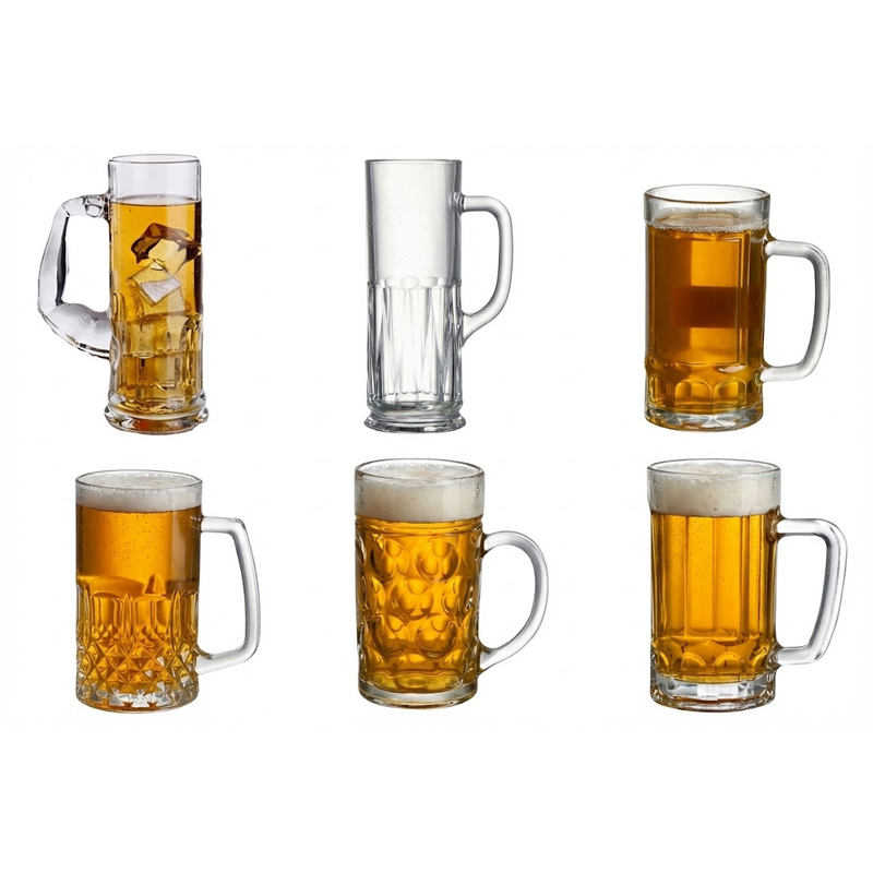 Machine-Made-Thick-Wall-Clear-Glass-Beer-Mug-with-Handle-on-Bar-Counter