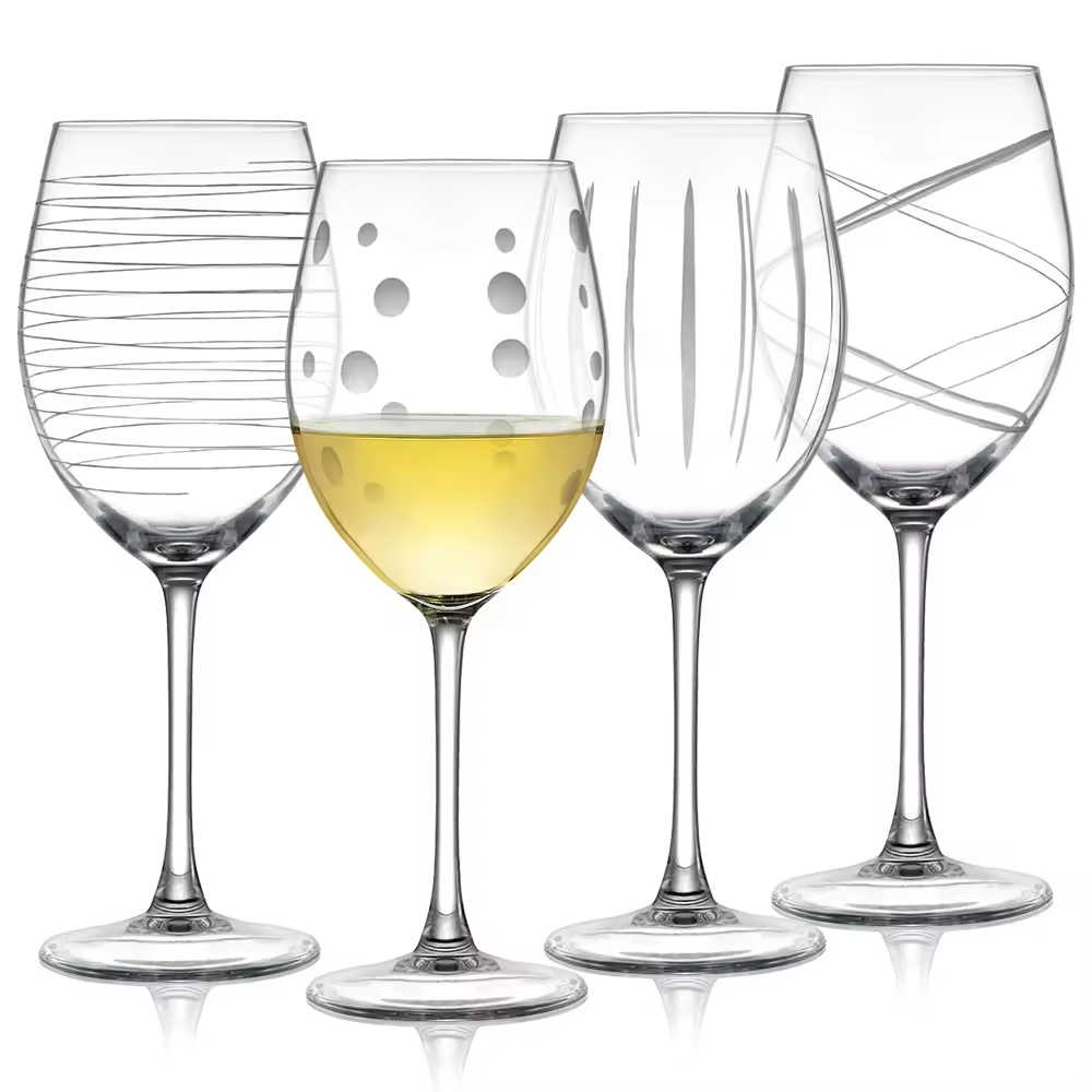 Etched Wine Glasses 19oz | Hand-Carved Red & White Goblets Dot Line - Vesselia Glass